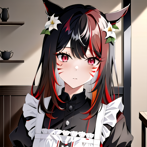 00004-467195889-1girl, solo, ryn, maid_glam, indoors, red eyes, multicolored hair, black hair, (dark red hair gradient), miqo'te, facial mark, a.png